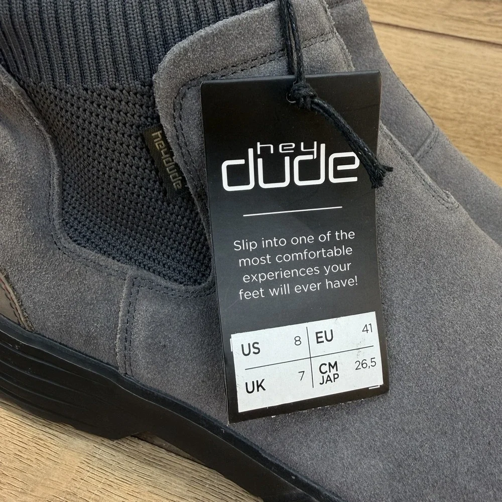 Hey Dude Scott Grip Chelsea Boots Men's Size 8 Pull On Gray Black Suede New